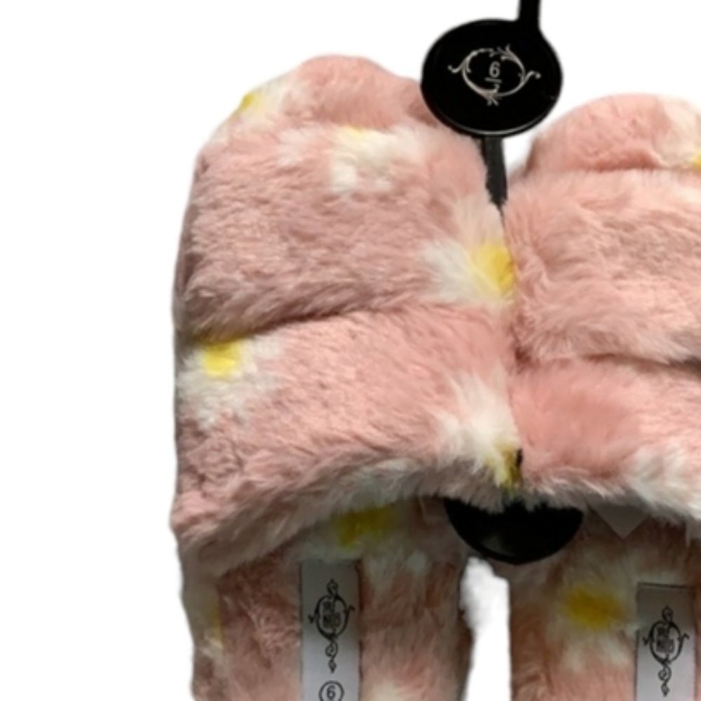 Double Band Pink and Flowers Faux Fur Grippy Sole Ladies Slippers - Picture 3 of 3